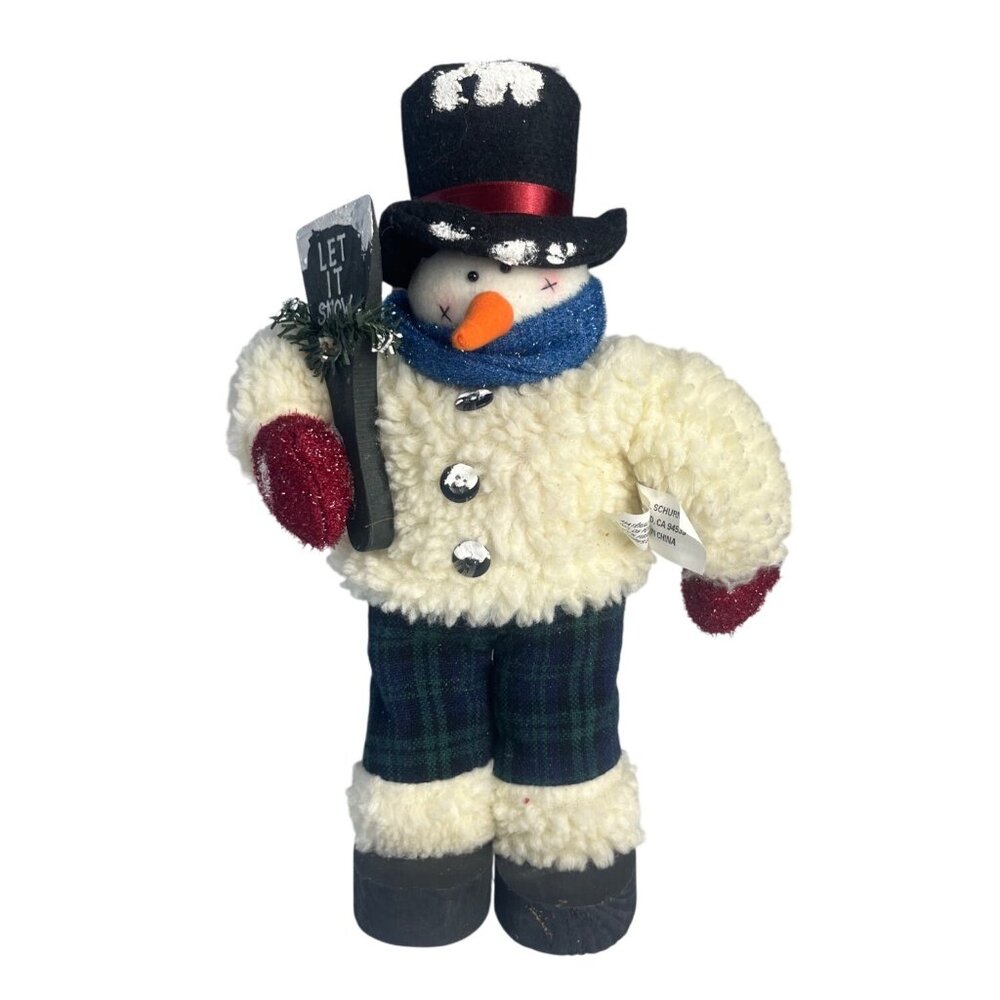 Snowman Figurine With‎ Plaid Pants Woolly Sweater Christmas Decoration